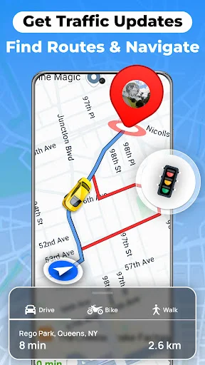 GPS route planner showing live traffic updates with drive, bike, walk navigation options, time estimation, and distance to destination
