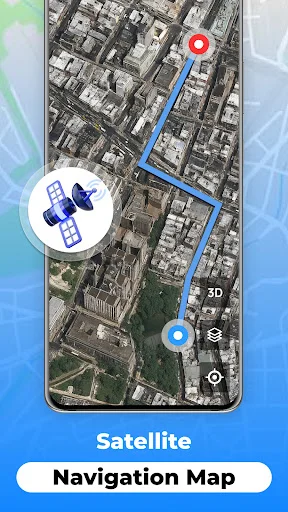 Satellite map view with 3D toggle button, blue navigation route between location pins, and map control interface for navigation