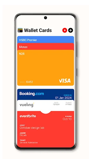 Wallet Cards interface showing multiple digital cards including bank cards, hotel bookings and event passes
