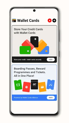 Wallet Cards app home screen showing credit card storage, boarding passes, reward programs and event tickets