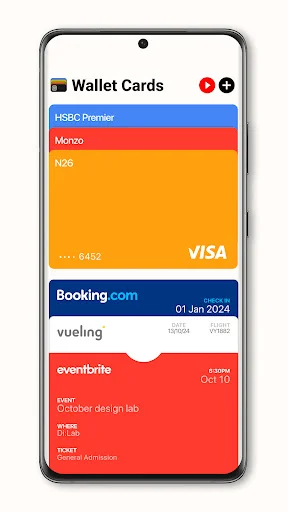 Digital wallet displaying stored cards: HSBC Premier, Monzo, N26 Visa, Booking.com and Eventbrite tickets