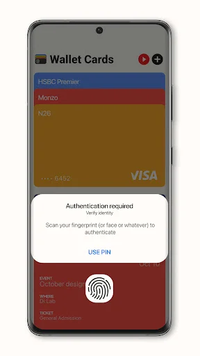 Wallet Cards biometric authentication screen with fingerprint scanner to securely access digital cards