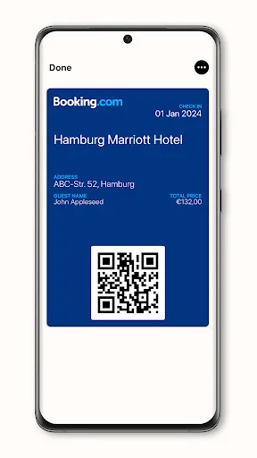 Booking.com hotel reservation in Wallet Cards showing Hamburg Marriott with scannable QR code