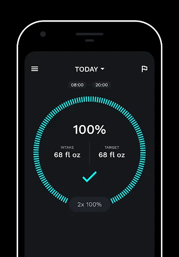 Water Tracker app home screen showing 100% daily hydration goal with 68 fl oz intake in dark mode