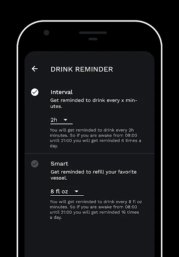 Drink reminder settings with interval and smart notifications for hydration tracking