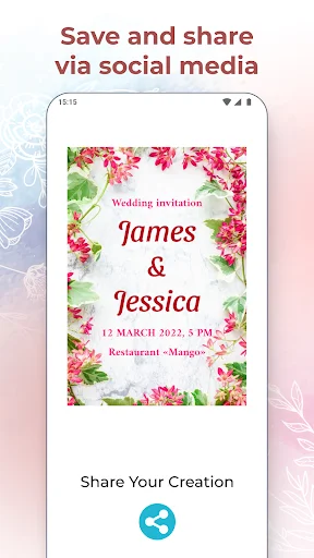 Finished wedding invitation for James and Jessica with social media sharing options and save feature