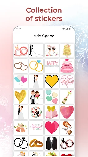 Wedding sticker collection featuring rings, hearts, couples, cake, and romantic decoration elements