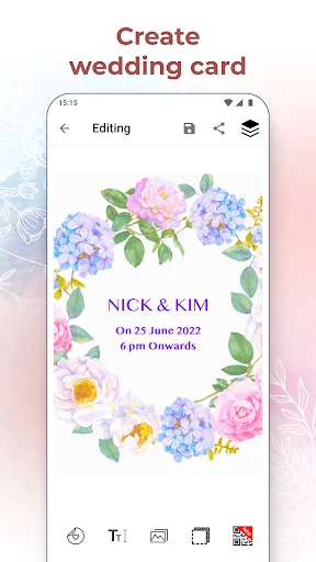 Wedding card editor showing floral invitation template with couple names and date customization options