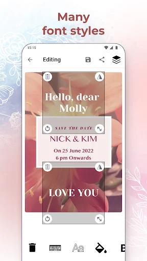 Font customization screen for wedding invitations with multiple typography styles and text editing tools