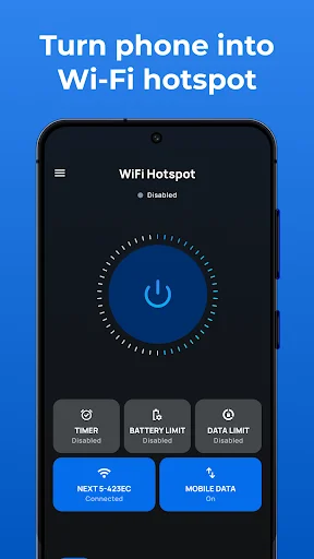 Portable WiFi app main screen with power button to turn phone into mobile hotspot, timer and data limit controls