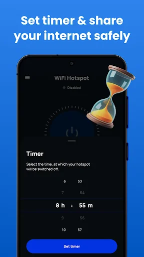 Mobile hotspot timer settings interface to schedule automatic WiFi sharing shutoff for secure internet access