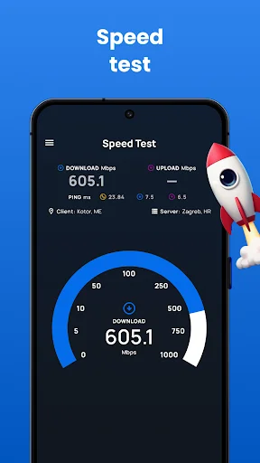 Speed test feature displaying download and upload speeds in Mbps with speedometer gauge for network performance