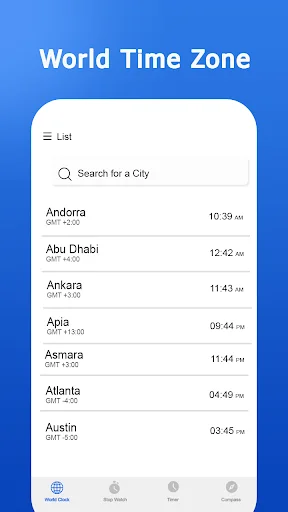 World Time Zone list view showing major cities with their current times: Andorra, Abu Dhabi, Ankara, Apia, Asmara, Atlanta, and Austin. Features search bar to find any city by name for global time zone lookup.