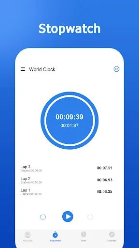 Stopwatch feature displaying elapsed time 00:09:39 with lap tracking. Shows three recorded laps with times listed below the circular timer display and play/pause control buttons.
