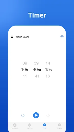 Timer feature with digital countdown display showing hours (10h), minutes (40m), and seconds (15s) ready to set for a timed event. Includes play button and timer controls at bottom.