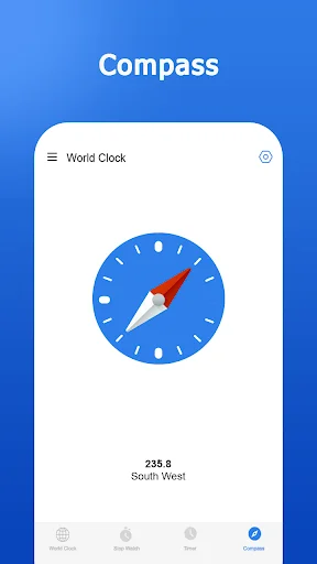 Compass tool displaying directional bearing 235.8 degrees pointing South-West with blue circular compass dial and cardinal direction indicators around the dial.