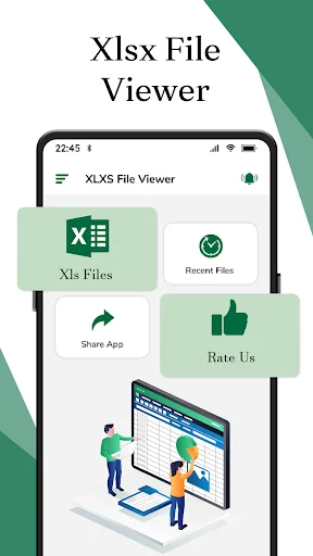 XLSX File Viewer app home screen with Xls Files, Recent Files, Share App, and Rate Us buttons for Excel viewing