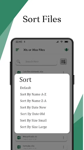 File sorting interface with multiple sort options for organizing Excel and XLSX files by various criteria