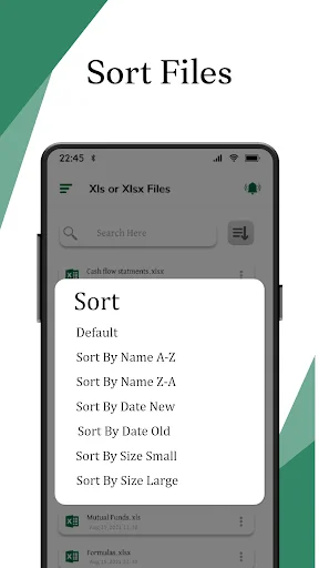 Sort Files menu with options to sort Excel files by name, date, and size in ascending or descending order
