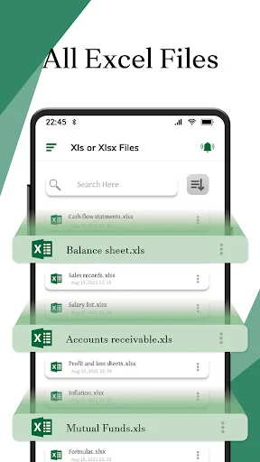 All Excel Files browser showing searchable list of xls and xlsx spreadsheet documents with file details